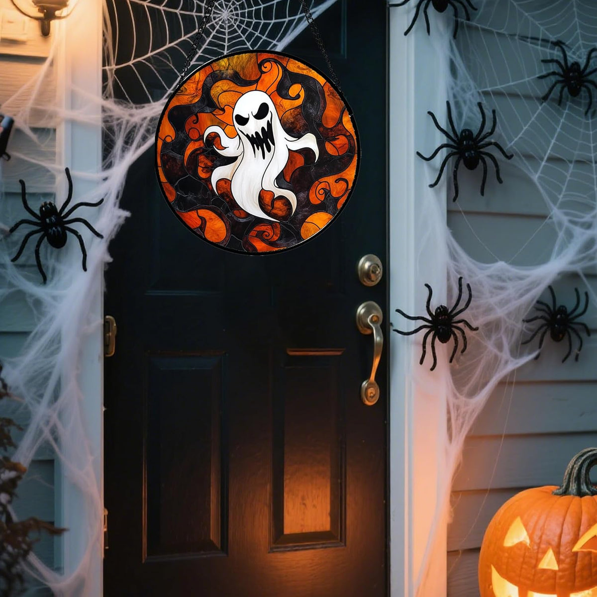 Stained Glass Window Hanging - Halloween White Ghost Suncatcher for Doors Window Garden Indoor