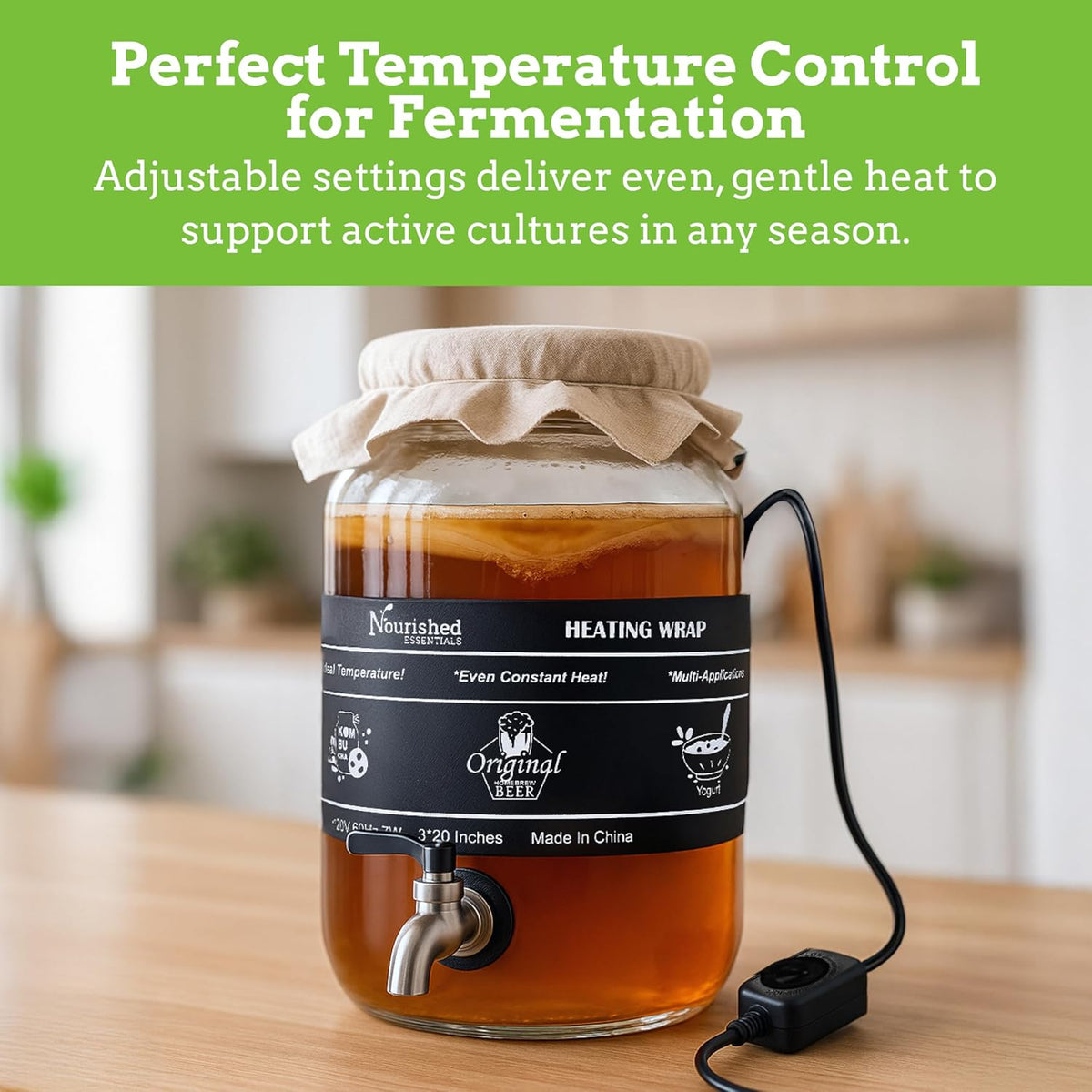 Nourished Essentials | Kombucha Heating Wrap Black - 3''x20'' - Precise Temperature Control for