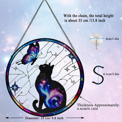 Black Cat Stained Glass Window Hanging, 9.8'' Black Cat & Butterfly with Nebula Design Suncatcher