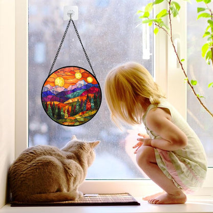 Stained Glass Window Hanging, Sunset Abstract Sun Catchers Colorful Glass Panel Landscape