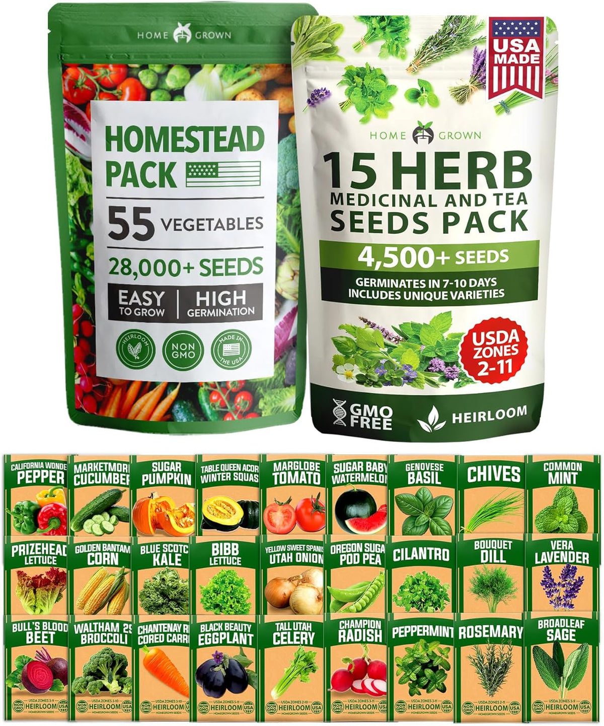 HOME GROWN 70 Variety Vegetable & Herb Seeds – 32,000+ USA Non-GMO Heirloom Survival Seeds –Garden