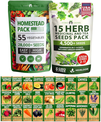 HOME GROWN 70 Variety Vegetable & Herb Seeds – 32,000+ USA Non-GMO Heirloom Survival Seeds –Garden