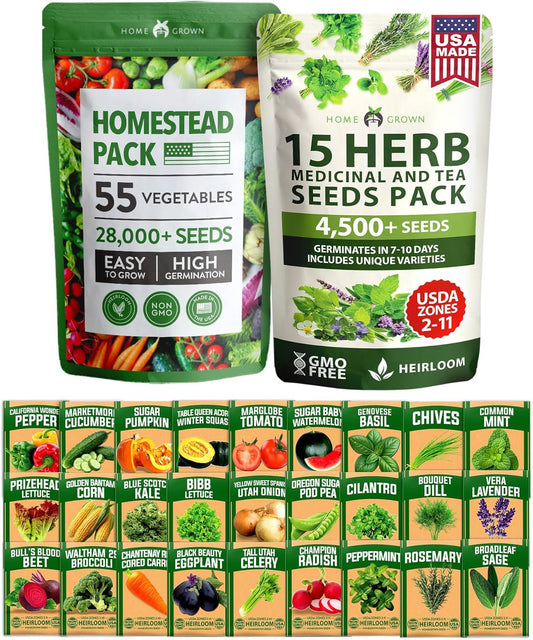 HOME GROWN 70 Variety Vegetable & Herb Seeds – 32,000+ USA Non-GMO Heirloom Survival Seeds –Garden