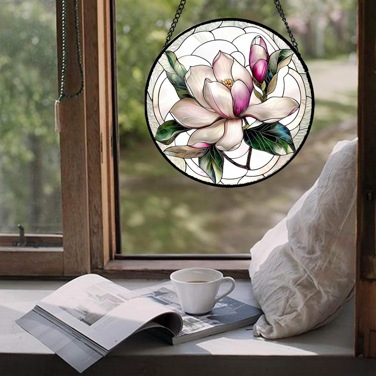 Stained Glass Window Hanging - Pink Magnolia Flower Petal Suncatcher for Doors Window Home Sun