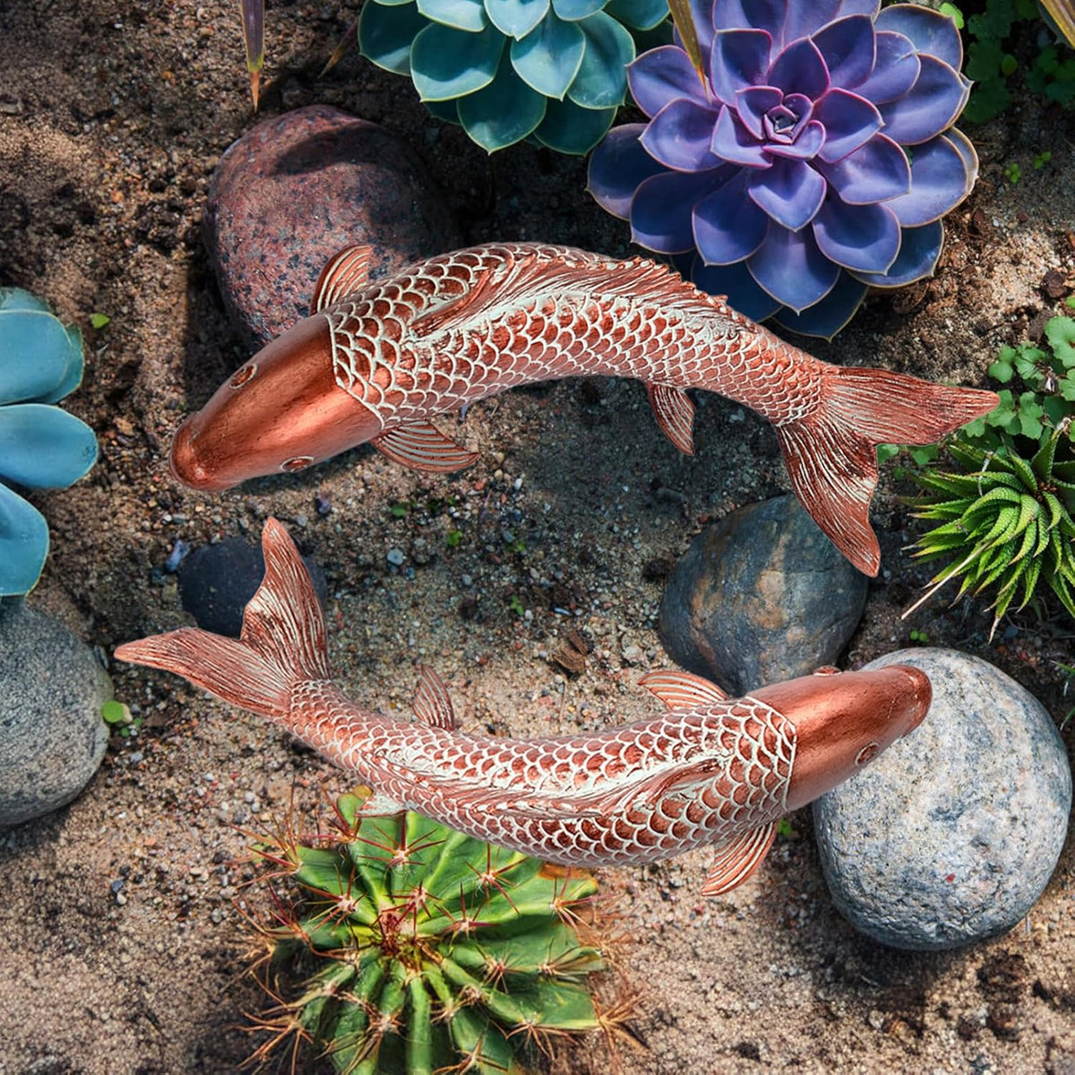 Garden Statues Koi Fish Decor Outdoor Garden Fish Statues, Set of 2 Antique Copper Koi Art