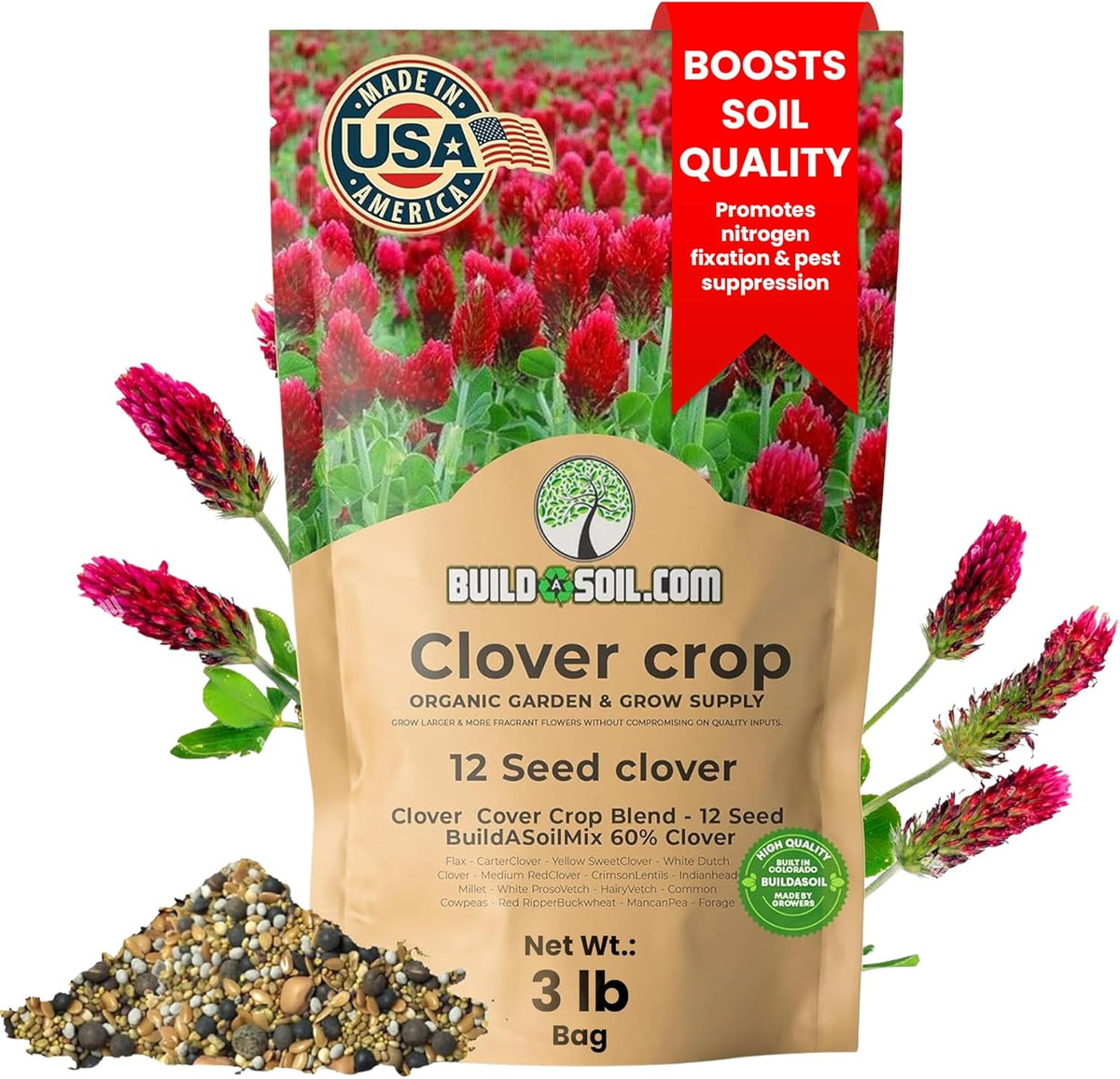 BuildASoil No-Till Clover Seed Cover Crop Blend 12 Species Cover Crop Seed Mix Premium Clover Seeds