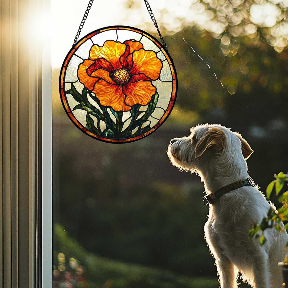 Stained Glass Window Hanging - Orange Poppy Birth Flower Suncatcher for Door Garden Yard Retro Sun
