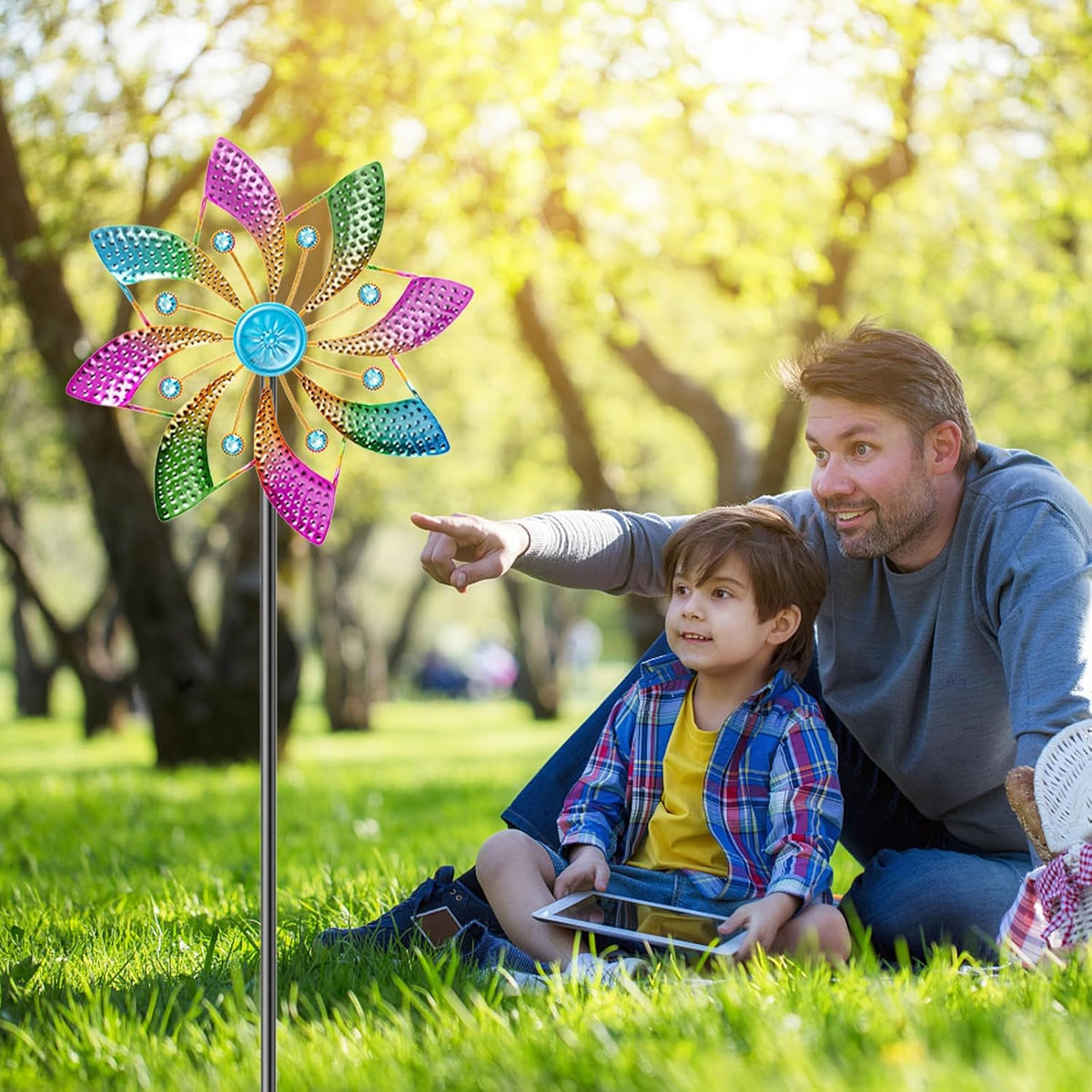Colorful Outdoor Wind Spinner, Kinetic Small Garden Windmill with Stake, Geometric Metal Pinwheels