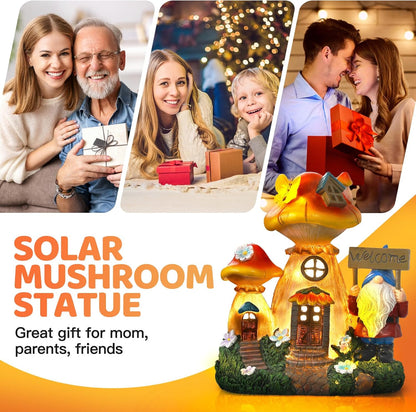 Json Solar Garden Statue Lights Mushroom Fairy House Figurine, Outdoor Memorial Garden Ornaments