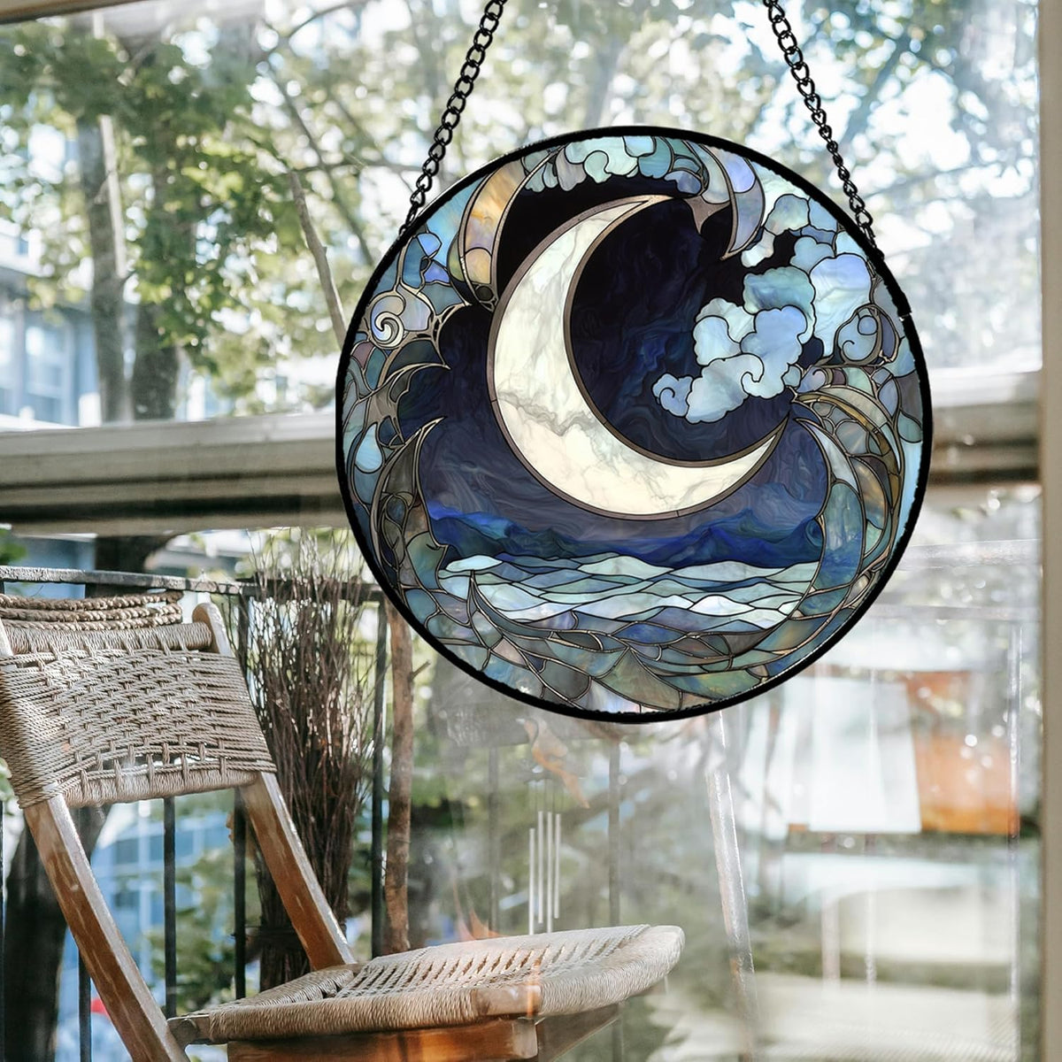 Stained Glass Window Hanging - Abstract Sea of Clouds Moon Sun Catcher for Door Terrace Garden Home