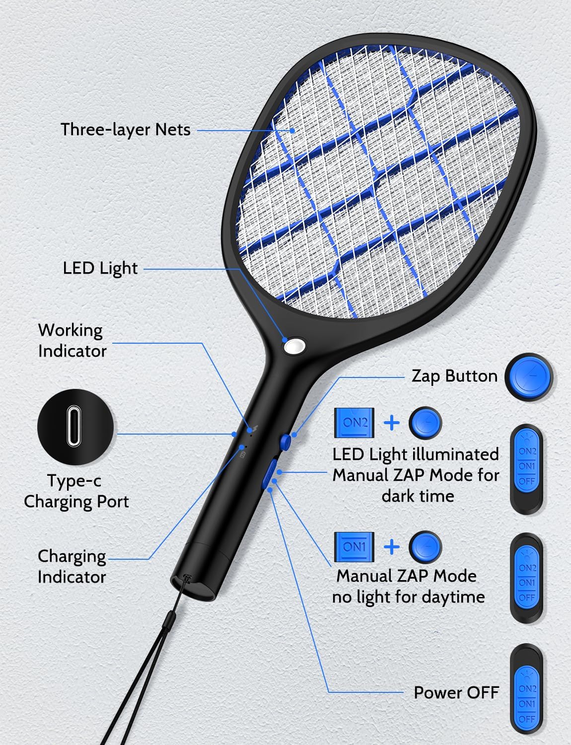 YISSVIC Electric Fly Swatter Bug Zapper Racket 4000V Rechargeable Mosquito Killer with LED Light