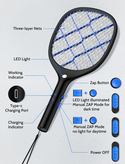 YISSVIC Electric Fly Swatter Bug Zapper Racket 4000V Rechargeable Mosquito Killer with LED Light