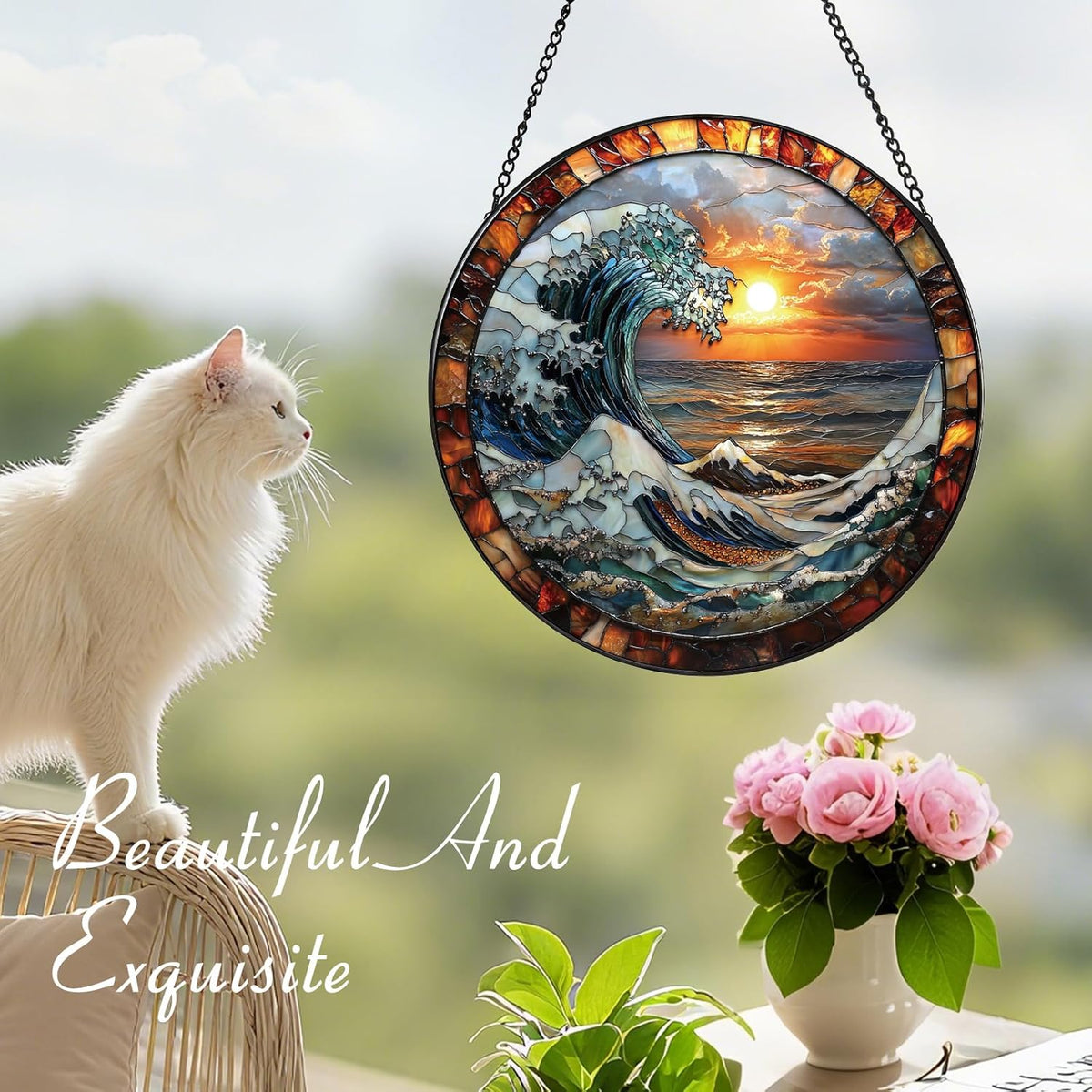 The Ocean Waves and The Sunrise Suncatcher -7.9 in Stained Glass Window Hanging Sun Catcher Garden
