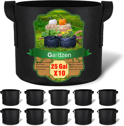 Gardzen 10-Pack 25 Gallon Grow Bags, 300G Thickened Aeration Fabric Pots with Handles, Heavy Duty
