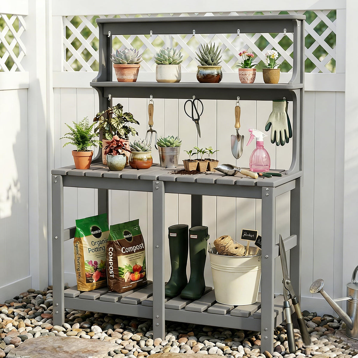 Polyhouz Outdoor Potting Bench with 3 Tier, All-Weather Patio Potting Table with Tool Hooks, HDPE