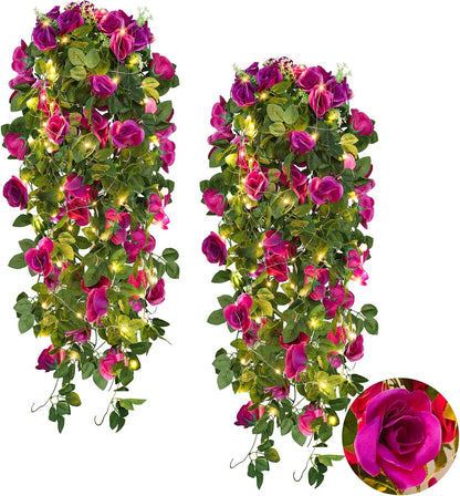 RECUTMS Artificial Hanging Rose Flower 2PCS 3.3Ft Flowers for Outdoors with 30 LED Fairy String