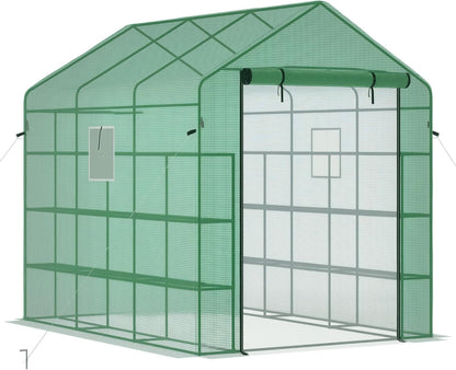 Outsunny 8' x 6' x 7' Walk-in Greenhouse with Mesh Door and Windows, 18 Shelf Green House with