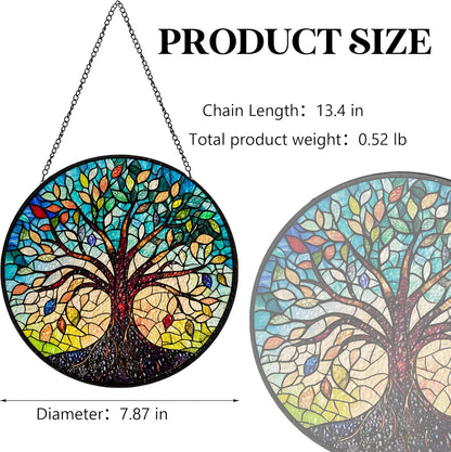 Tree of Life Stained Glass Sun Catcher - Handcrafted 7.87 Inch, Blue Sun Catcher Decoration