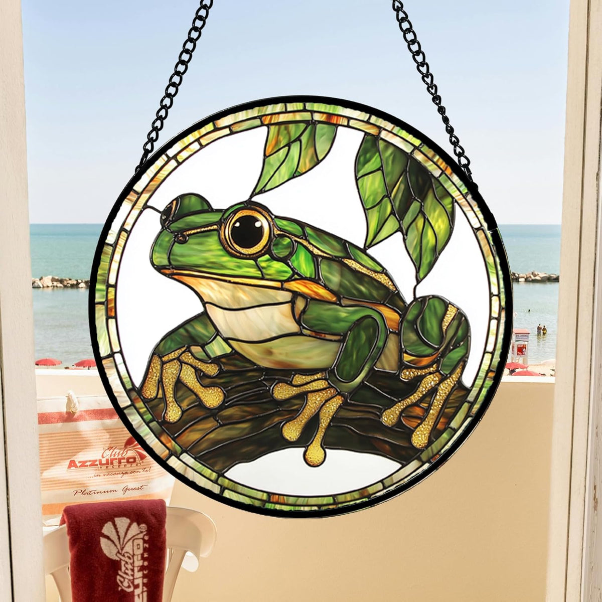Stained Glass Window Hanging, Frog Green Leaf Sun Catchers Colorful Glass Panel Cool Suncatcher