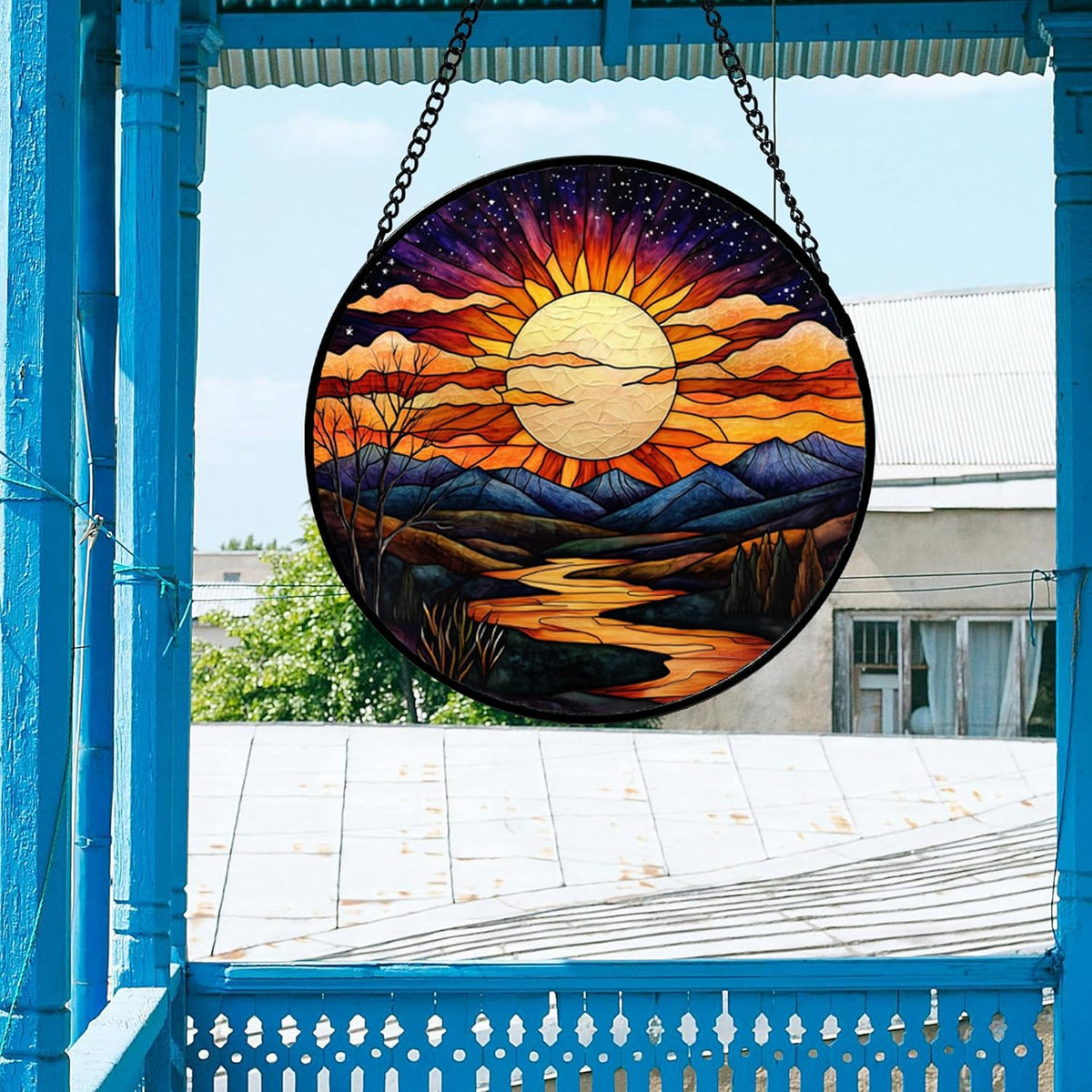 Stained Glass Window Hanging, The Sun Shines Brightly on Lake Sun Catchers Colorful Glass Panel