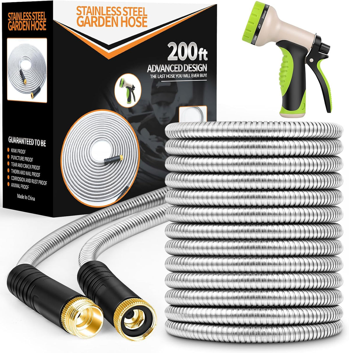 Garden Hose 200ft, Stainless Steel Heavy Duty Water Hose with 10 Function Nozzle Flexible