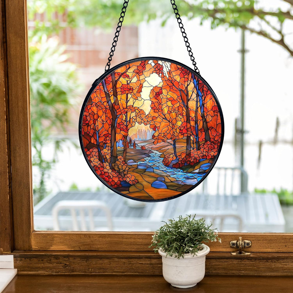 TNUW Fall Autumn Stained Glass Window Hanging, Rustic Autumn Forest Landscape Sun Catchers Indoor