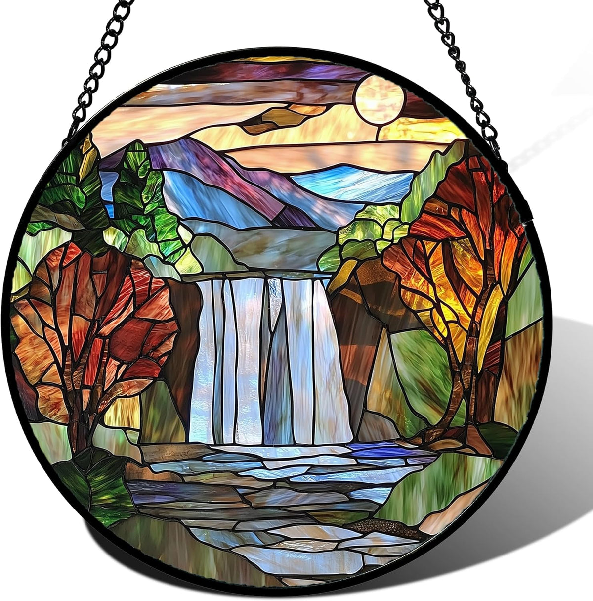 Stained Glass Window Hanging, Abstract Landscape Waterfall Mountains Trees Suncatcher for Doors