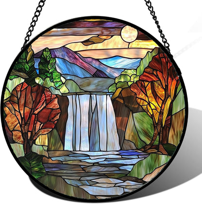 Stained Glass Window Hanging, Abstract Landscape Waterfall Mountains Trees Suncatcher for Doors