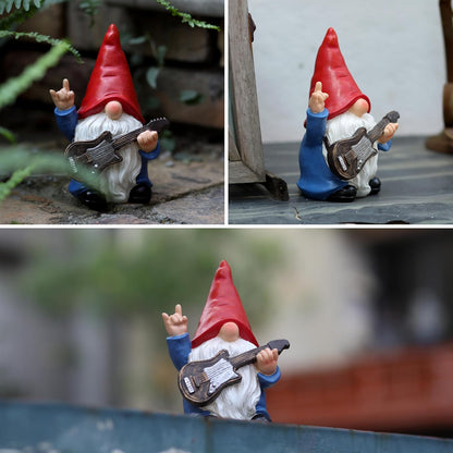 Garden Gnome with Guitar 7.1“ Figurine Ornament for Indoor Outdoor Home Patio Yard Lawn, Red Hat