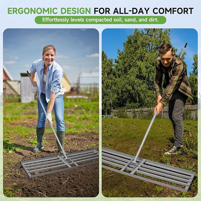 Lawn Leveling Rake – Heavy-Duty Galvanized Steel Yard Leveling Rake with Adjustable 48x12 Inch Rack