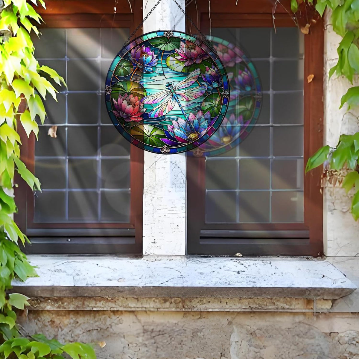 RIVEENY Dragonfly Stained Glass Window Hanging, Stained Glass for Windows,Dragonfly Sun Catcher