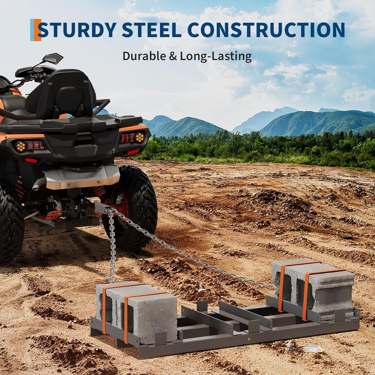 4FT Drag Harrow for ATV, Tractor & UTV, Heavy Duty Tow Behind Driveway Grader with 6FT Chain Link
