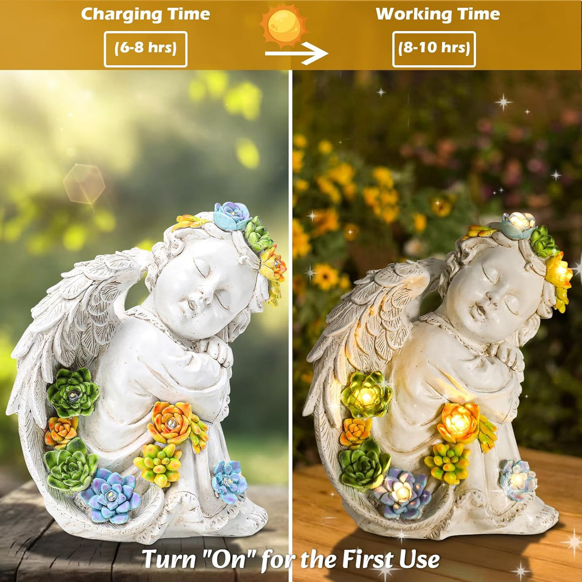 Solar Cherub Angel Outdoor Garden Decor Statues - 8 inches Angel Figurines Outdoor Sculptures with