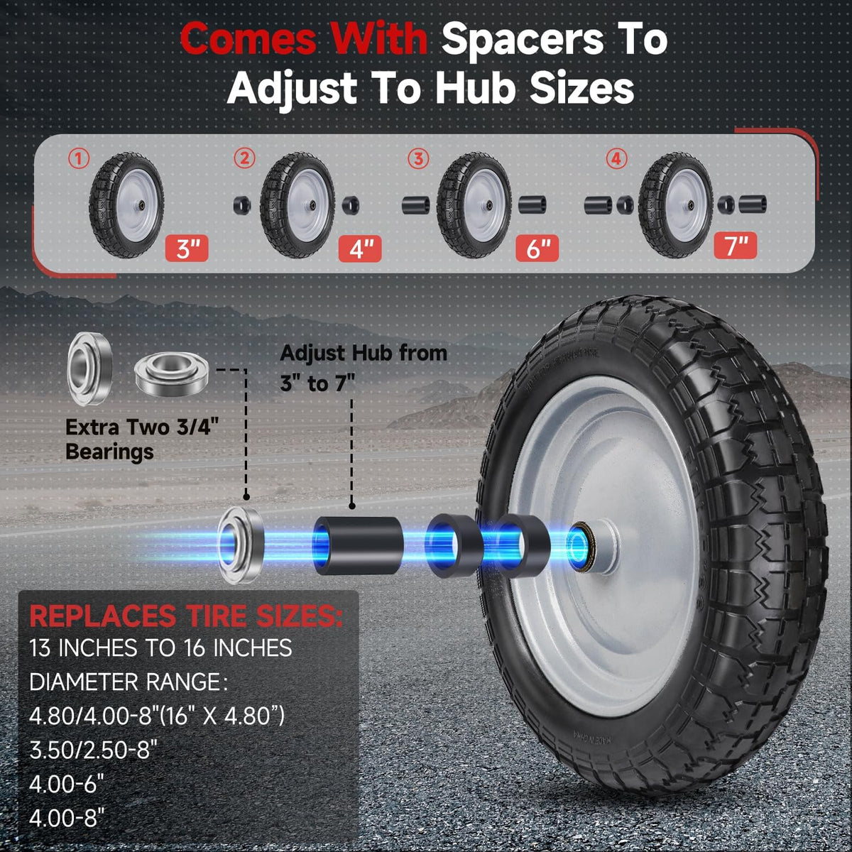 4.80/4.00-8 Tire and Wheel, 14.5" Flat Free Wheelbarrow Tire, 5/8" 3/4" Bearings Universal Solid