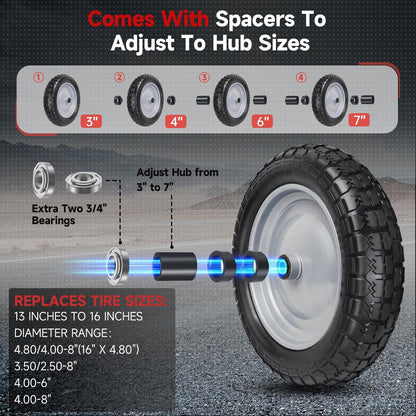 4.80/4.00-8 Tire and Wheel, 14.5" Flat Free Wheelbarrow Tire, 5/8" 3/4" Bearings Universal Solid