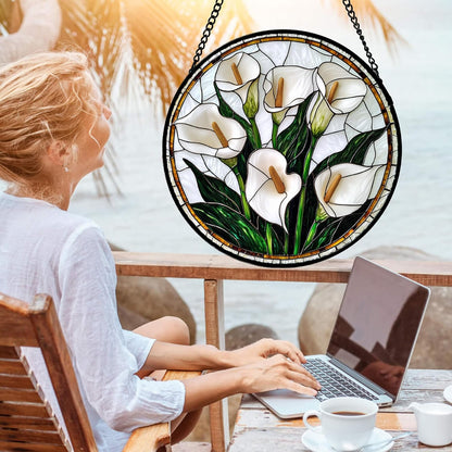 Stained Glass Window Hanging, White Calla Lily Flowers Sun Catchers Glass Panel Plant Suncatcher
