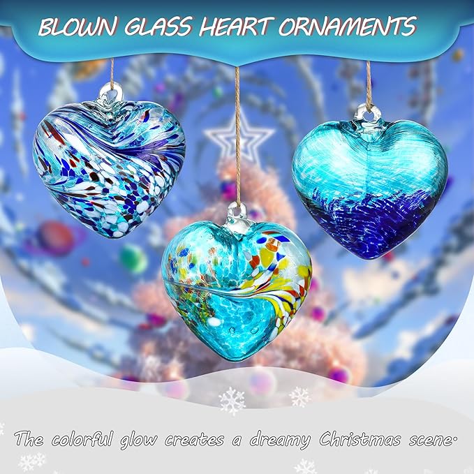 Set of 3 Handmade Glass Heart Ornaments 3.9 Inch Blue Friendship Heart Decor for Garden Home