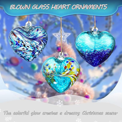 Set of 3 Handmade Glass Heart Ornaments 3.9 Inch Blue Friendship Heart Decor for Garden Home