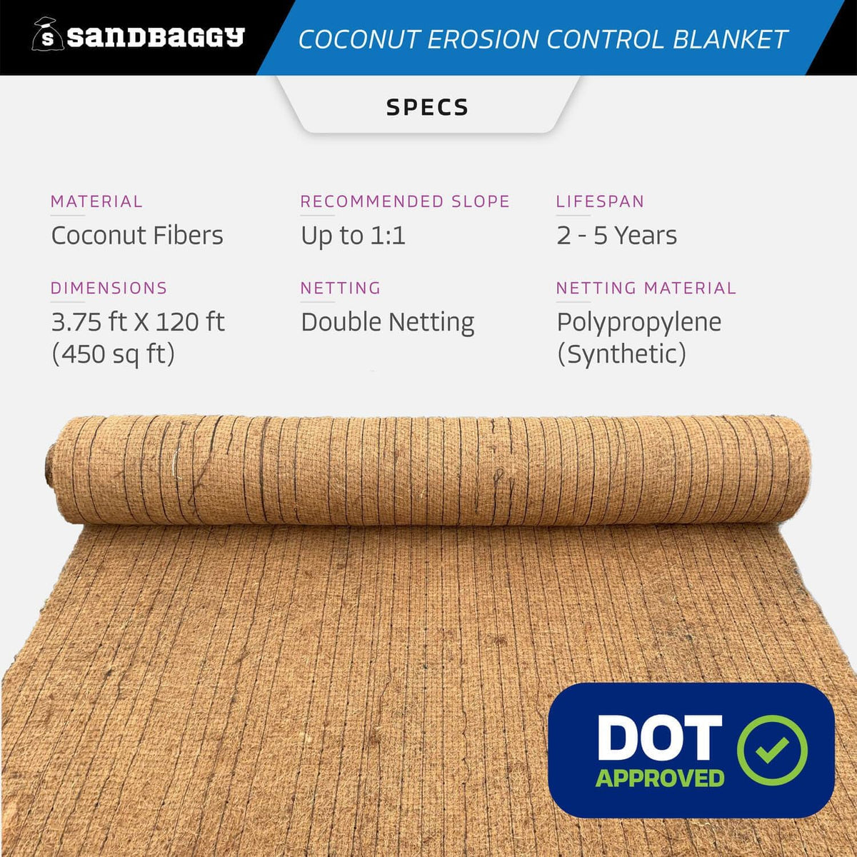 Sandbaggy Coconut Erosion Control Blanket – 3.75 ft x 120 ft Coir Mat for Soil Retention, Slope