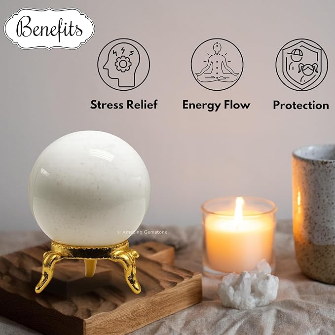 Amazing Gemstone Snow Quartz Crystal Ball with Stand - 2 Inches Crystal Sphere Meditation Balls for