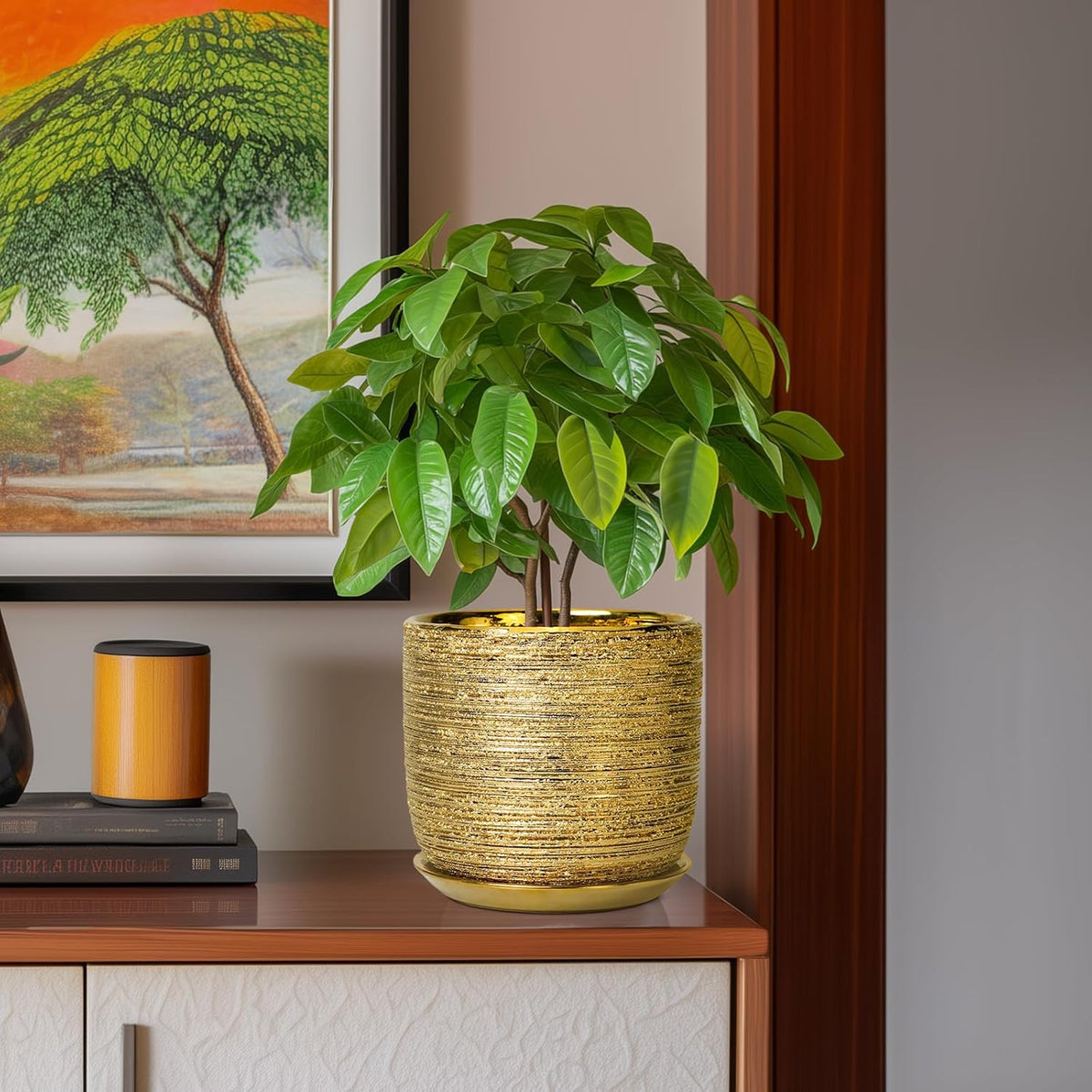 8 Inch Plant Pot - Ceramic Planter with Drainage Hole and Saucer, Modern Round Planter for Indoor