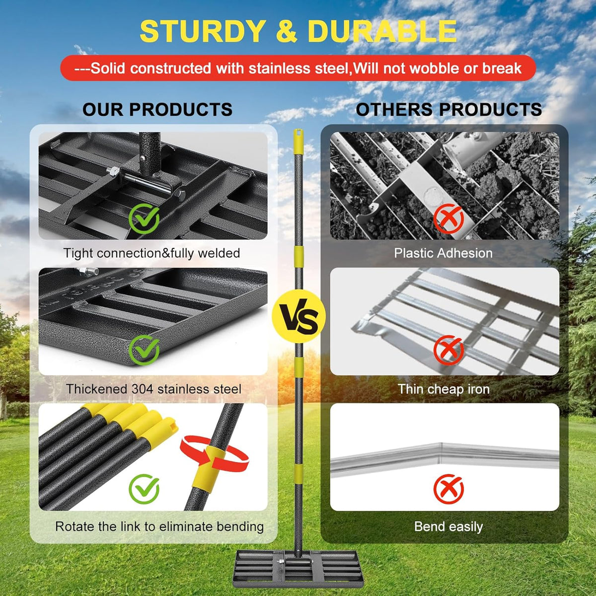 Lawn Leveling Rake - Heavy Duty 17"x10" Stainless Steel Leveler Plate,Reinforced Welds,28-60"