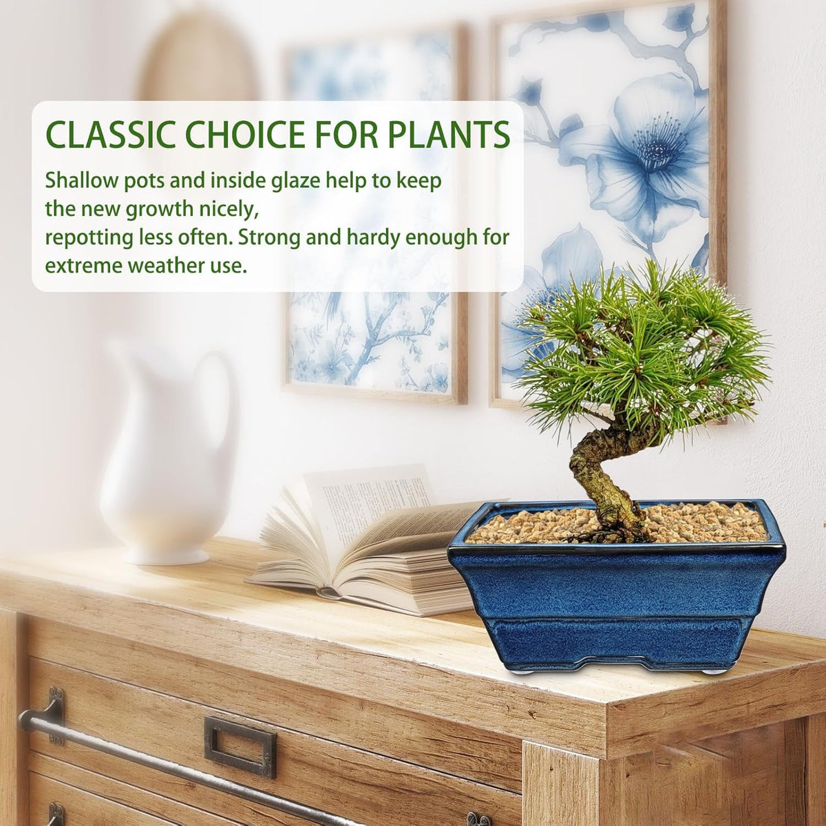 Set of 2 Large Blue Glazed Ceramic Bonsai Pots, 10" Rectangular Bonsai Planters Pots with Drainage