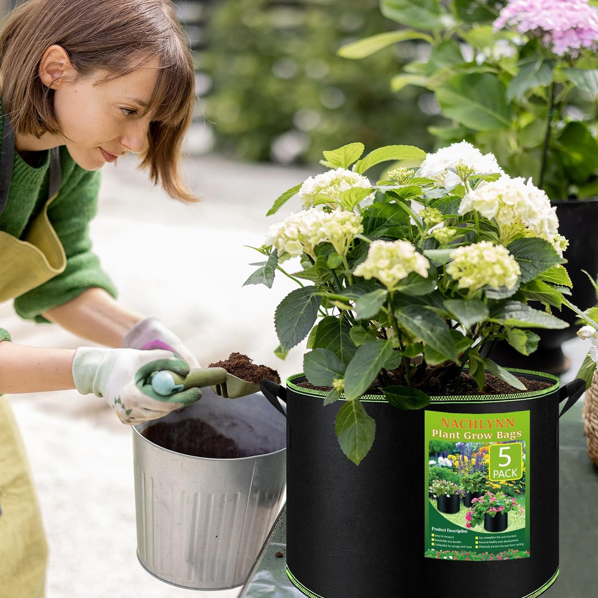 NACHLYNN 5-Pack 5 Gallon Grow Bags Heavy Duty Aeration Fabric Pots with Handles Thickened Nonwoven