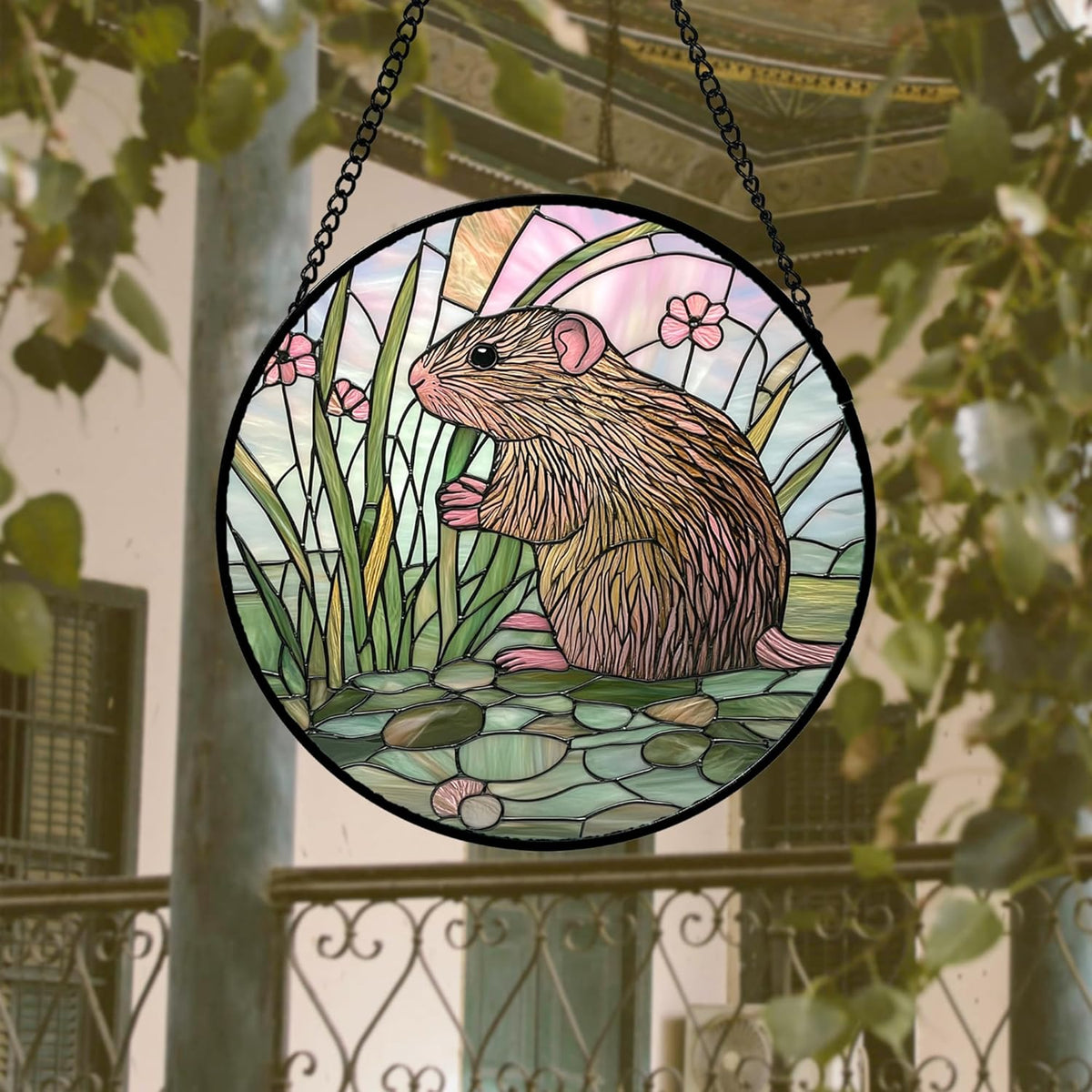 Stained Glass Window Hanging 4 Pcs Set Cute Animal 6.3"- Green Plant Pink Suncatcher Door Garden