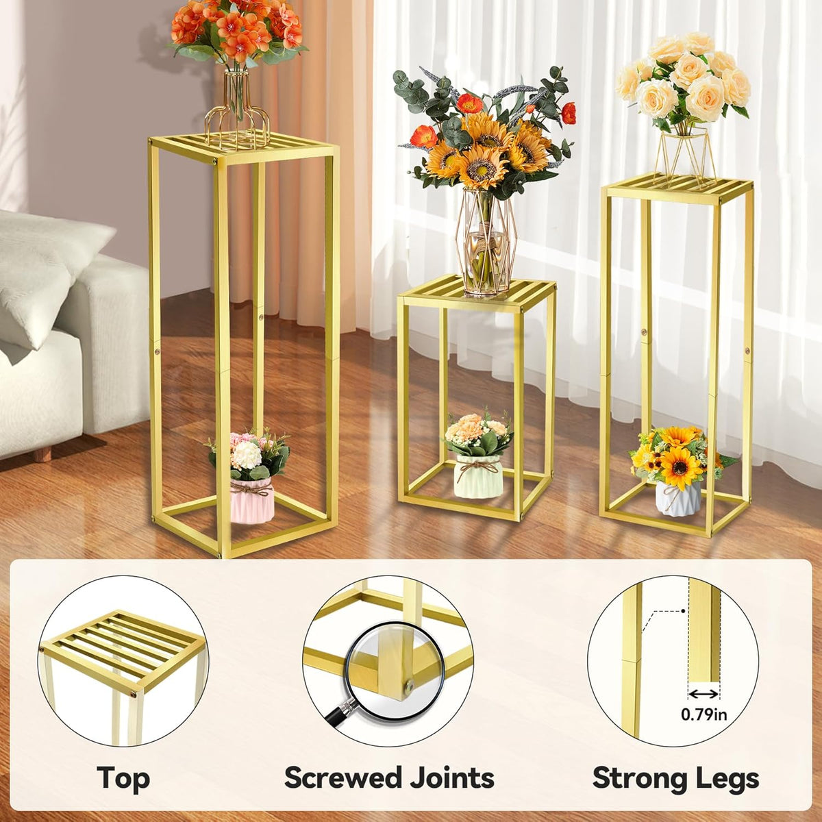 Cylinder Pedestal Stands for Party & Plant,3pcs Square Gold Metal Wedding Flower Display Stand for