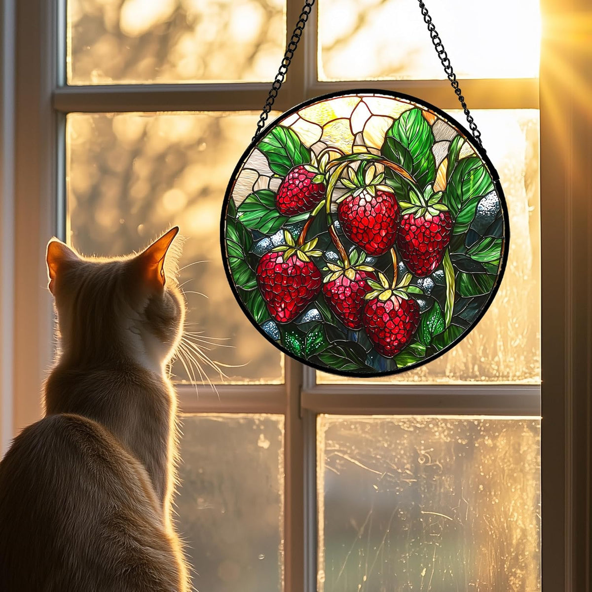Stained Glass Suncatcher, Red Strawberry Green Leaf Sun Catcher Silver Background Stain Glass