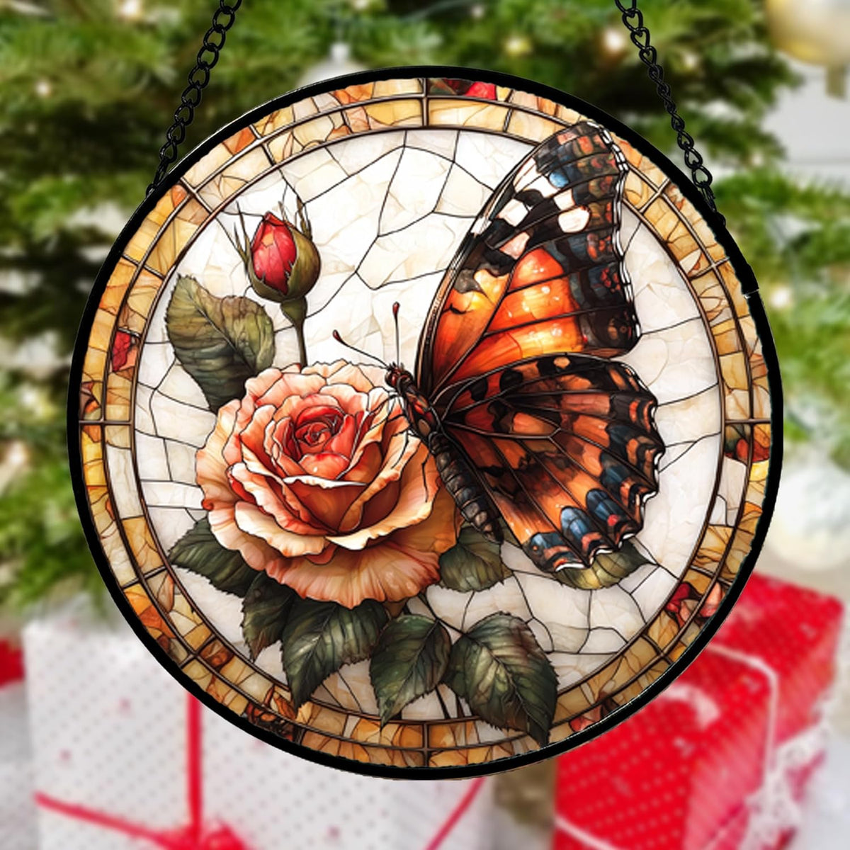 Stained Glass Window Hanging, Butterfly Picking Flowers Suncatcher for Doors Home Sun Catchers