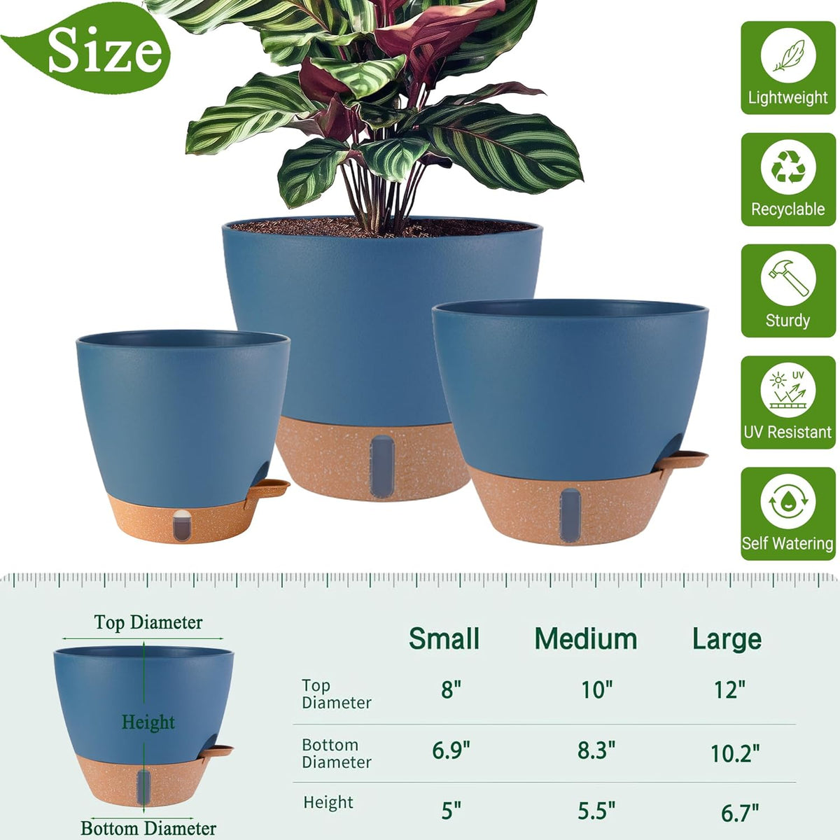 12/10/8 inch Plant Pots, Large Plastic Self Watering Planters with Drainage Holes, Deep Reservoir