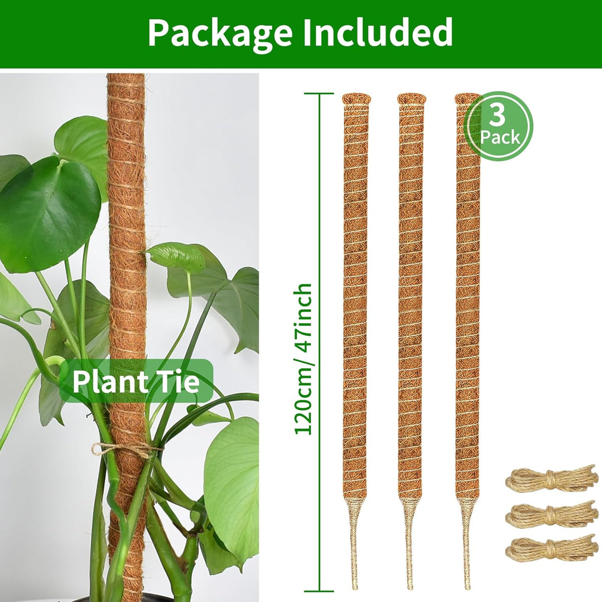 3 Pack Moss Pole, 47-Inch Moss Poles for Plants Monstera,Bendable Plant Support Stakes for Climbing